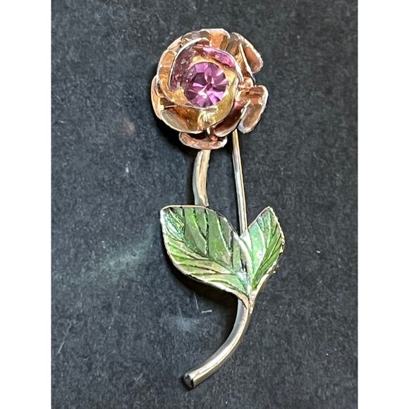 Vintage Avon Rose Flower Brooch Pin Ruby Red Rhinestone Silver Tone - Picture 2 of 5